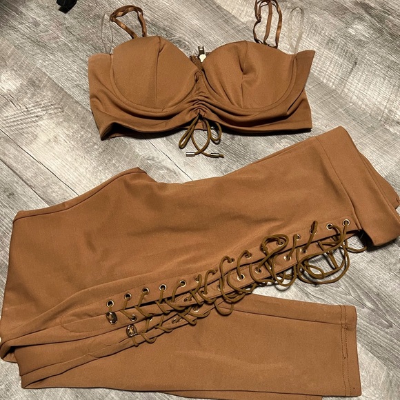 Fashion Nova Tan Lace Up Pant & Crop Bustier Set - Picture 2 of 4
